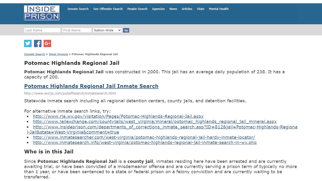 Potomac Highlands Regional Jail - West ... - Inmate Search